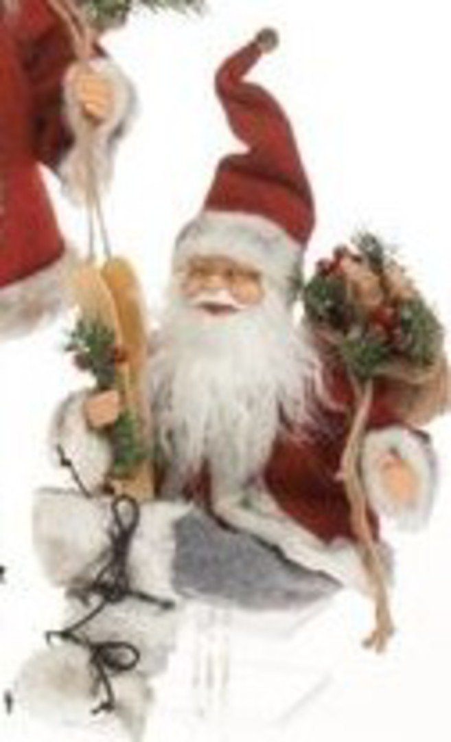 Sitting Santa Red Coat, Grey Trousers and Wooden Skis image 0